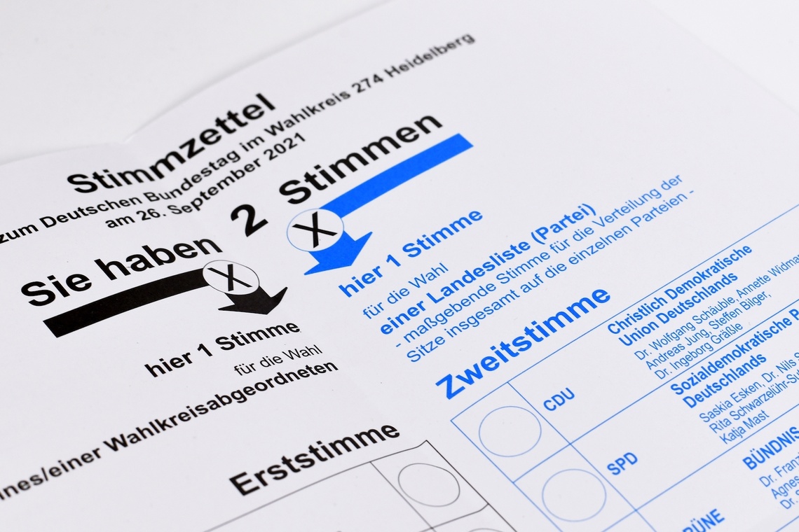 Stimmzettel der Bundestagswahl mit Aufschrift "Sie haben 2 Stimmen" 