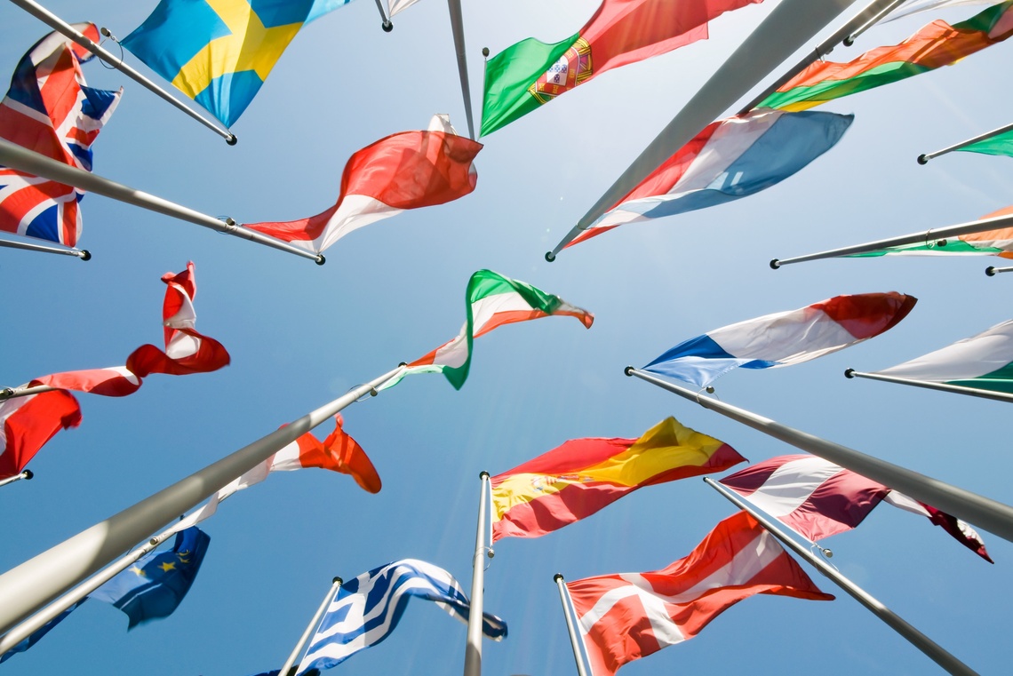 Die Flaggen der europäischen Mitgliedsstaaten wehen im Wind.