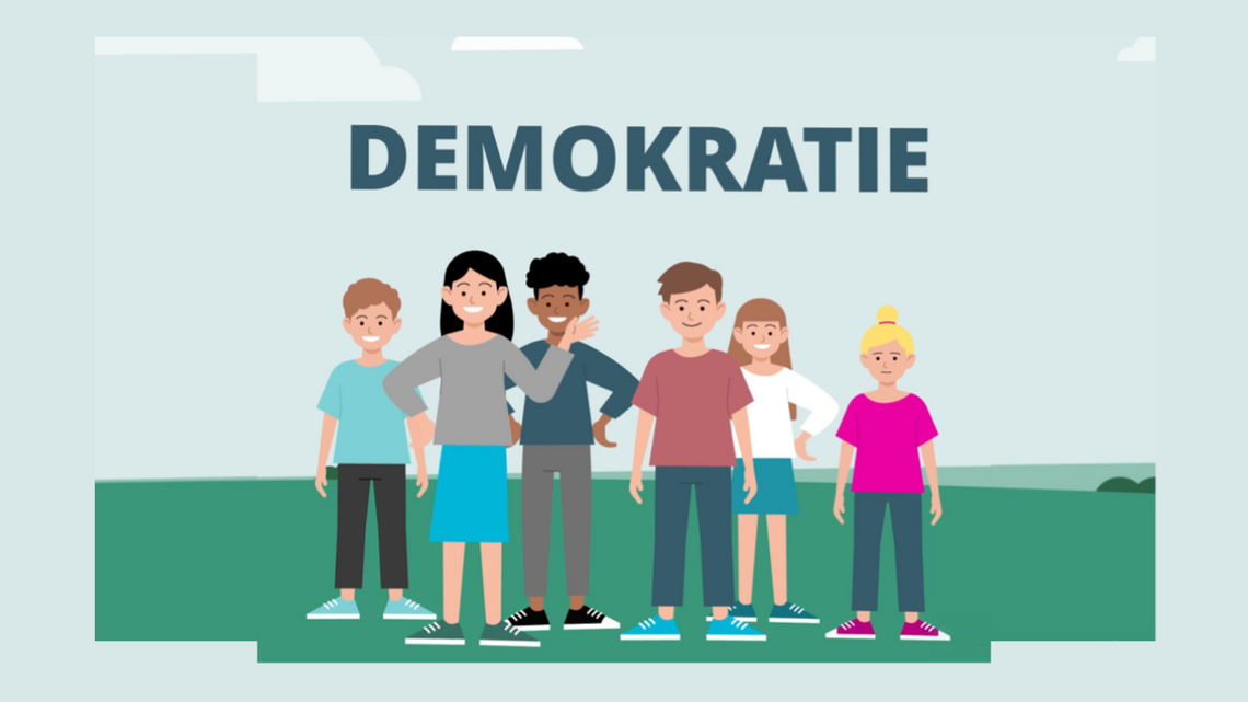 Comic-Kinder mit dem Wort Demokratie