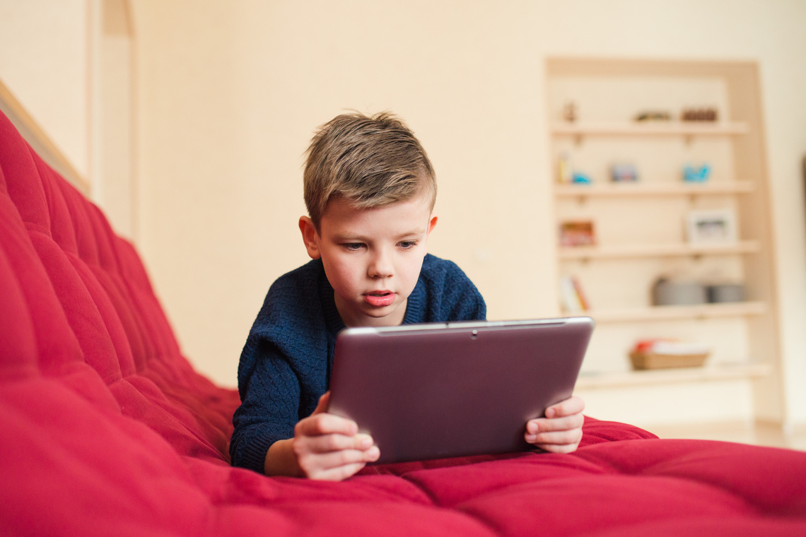 Junge schaut auf einen Laptop