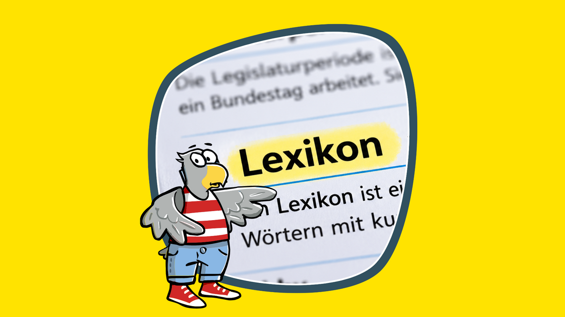 Ein Comic-Adler steht vor dem gelb markierten Wort "Lexikon", das auf einer Seite abgedruckt ist..