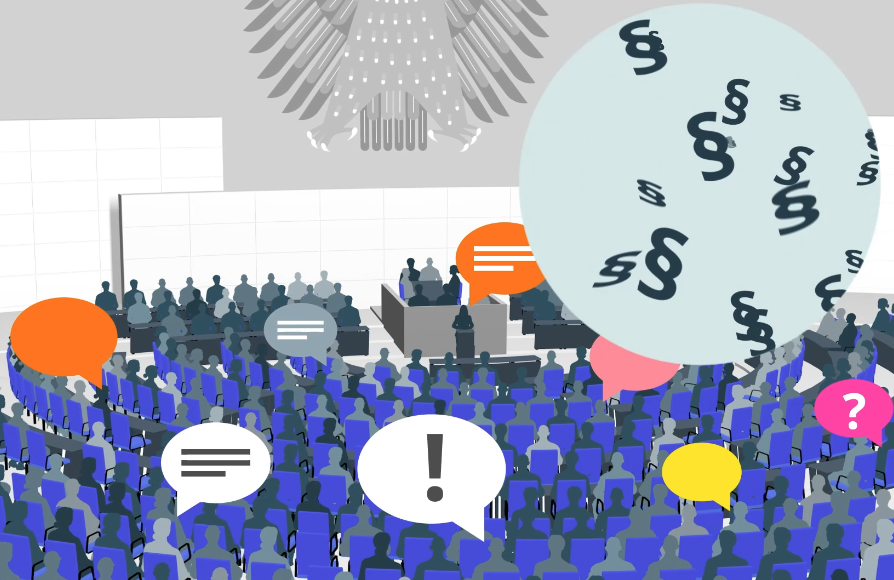 Gefüllter Comic-Plenarsaal mit Sprechblasen und Paragrafen