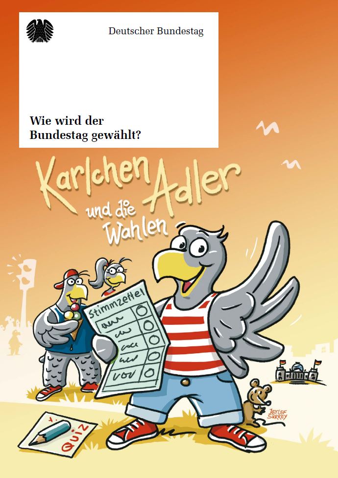 Titelbild des Bundestags-Comics von Karlchen Adler "Wie wird der Bundestag gewählt?"
