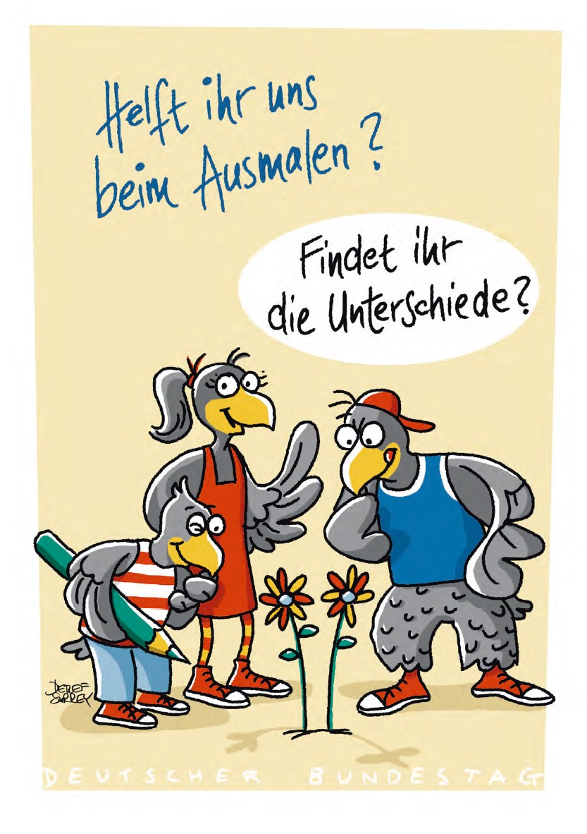 Karlchen mit Freunden, darüber Schriftzug „Helft ihr uns beim Ausmalen?”