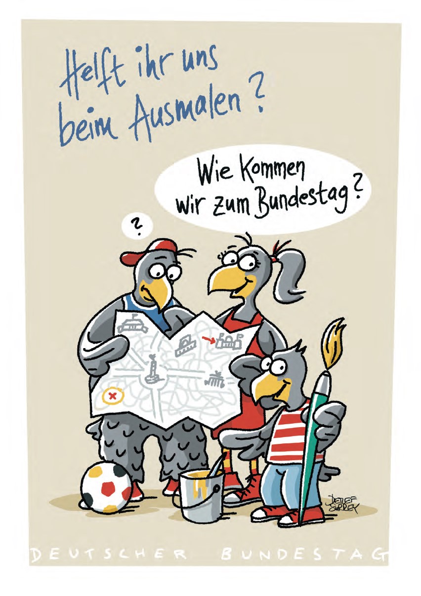 Karlchen mit Freunden und Stadtplan, Sprechblase „Wie kommen wir zum Bundestag?”